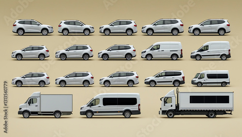 AI Generative. A collection of high resolution vehicle mockups displayed on a pale yellow background. 6 photo