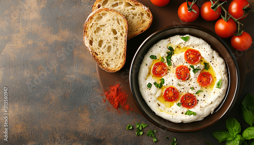 Delicious burrata cheese, tomatoes, basil and bread in bowl on brown table, flat lay. Space for text