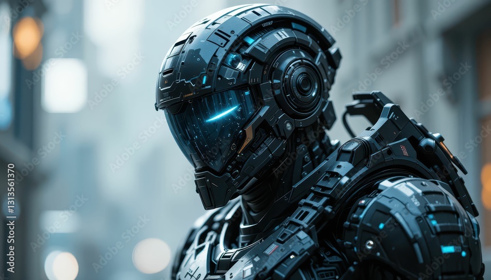 Futuristic Cybernetic Soldier in Urban Environment with Neon Lights Futuristic Cybernetic Soldier in Urban Environment with Neon Lights