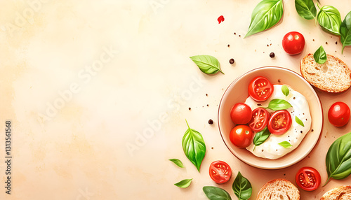 Delicious burrata cheese, tomatoes, basil and bread in bowl on brown table, flat lay. Space for text