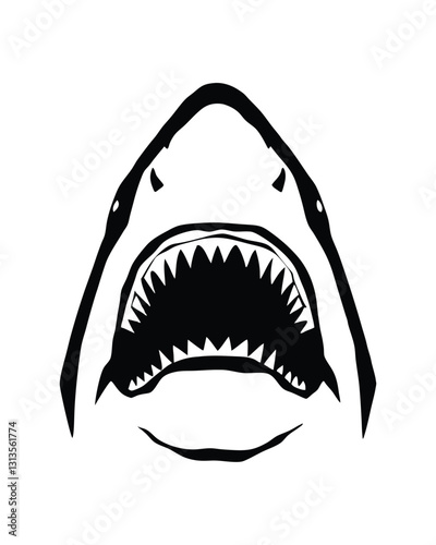 Bold Black and White Shark Illustration with Open Jaws