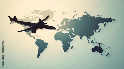 An airplane flies above a world map, symbolizing travel and global connectivity.