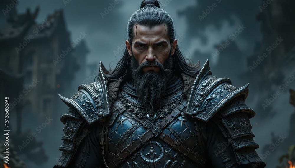 Warrior in Armor Stands Strong Against Dark and Mysterious Background Warrior in Armor Stands Strong Against Dark and Mysterious Background