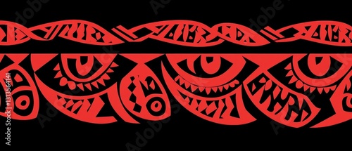 Intricate Red Tribal Art Design Featuring Eye Patterns on Black Background in Ethnic Style for Cultural Decoration and Artistic Inspiration