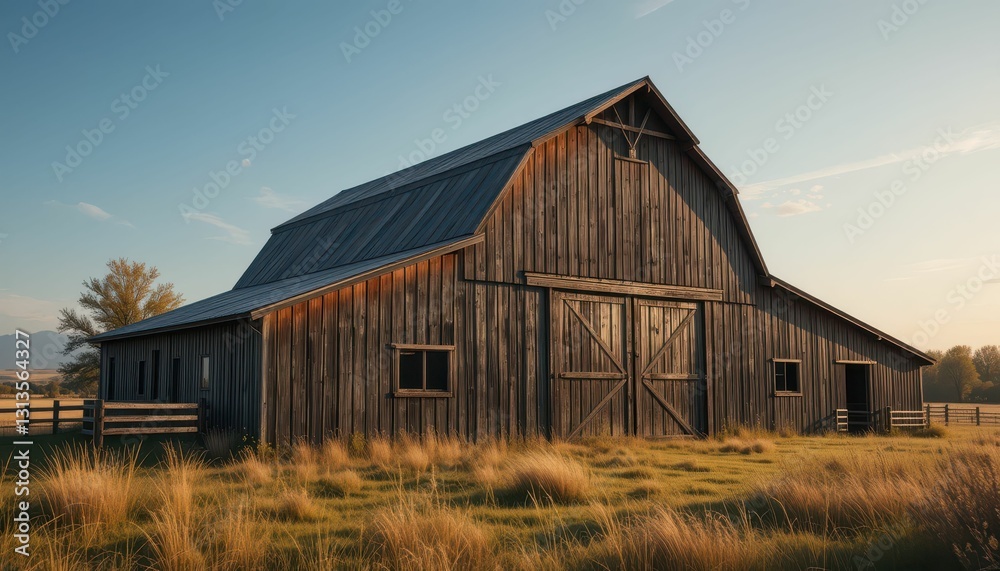 Wooden Barn at Sunrise Surrounded by Nature in Rural Landscape Wooden Barn at Sunrise Surrounded by Nature in Rural Landscape