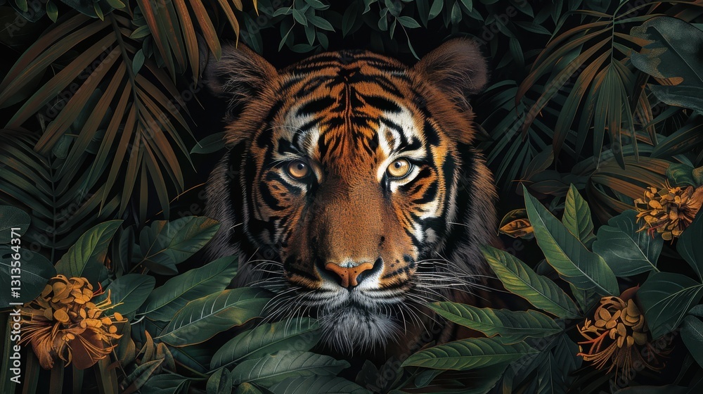 Majestic Tiger Staring from Dense Jungle with Lush Green Leaves and Vibrant Flowers Majestic Tiger Staring from Dense Jungle with Lush Green Leaves and Vibrant Flowers