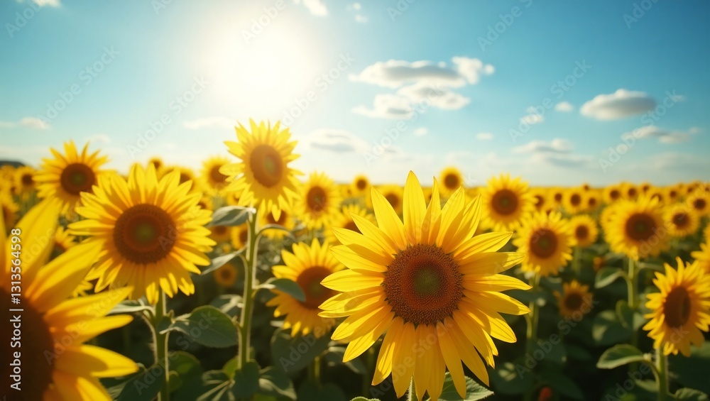 Naklejka premium Sunflower Field Under Clear Blue Sky – Capturing the Radiance of Summer's Beauty
