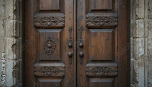 Intricate Wooden Door with Detailed Carvings and Vintage Handles
