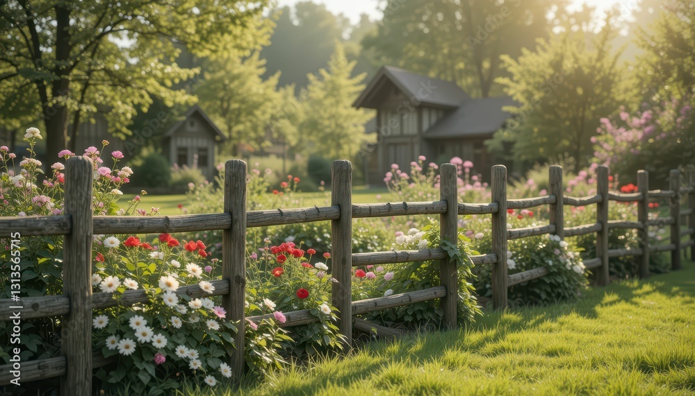Serene Garden Landscape with Blooming Flowers and Rustic Fence Serene Garden Landscape with Blooming Flowers and Rustic Fence