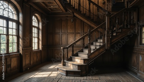 Elegant Wooden Staircase in Vintage Interior with Natural Light