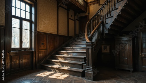 Elegant Wooden Staircase in Historic Interior with Natural Light