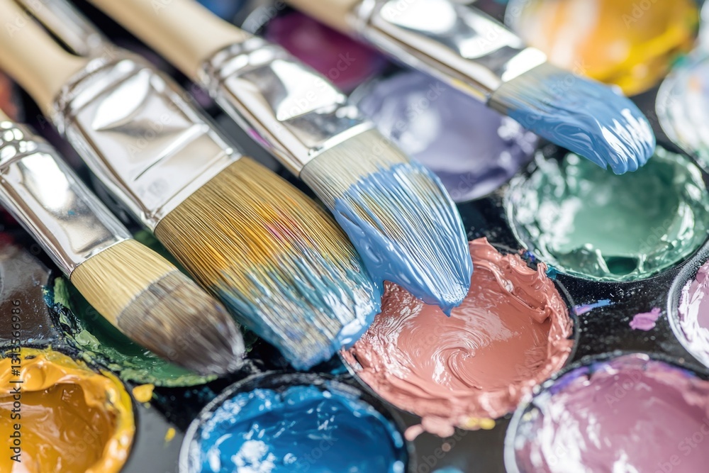 Naklejka premium Various paint brushes in handle with assorted colors on trays of palette paper.