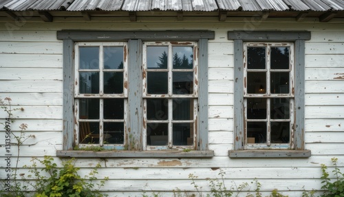 Vintage Wooden House Front with Old Windows and Weathered Shutters