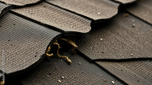 A close-up of damaged asbestos-containing shingles with visible wear and tear – Generative AI