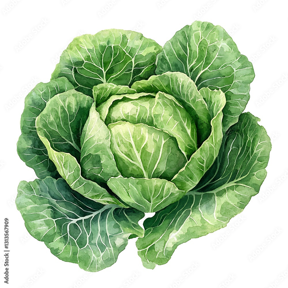 Fototapeta premium A Detailed Watercolor Painting of a Fresh, Green Cabbage. This vibrant image showcases the intricate details of the cabbage leaves.