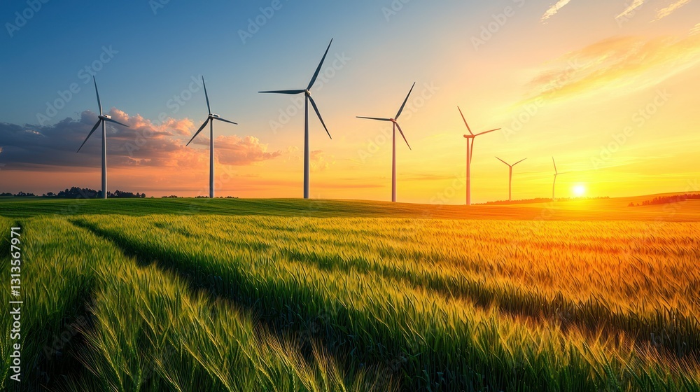 Obraz premium Wind turbines on a golden field at sunset