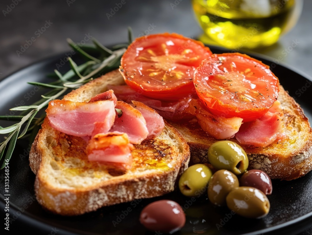 Φωτογραφία A fresh and simple vegetarian dish with toasted bread, tomatoes, bacon, olives, and a drizzle of olive oil
