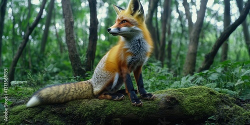 A curious red fox looking around in a forest clearing.