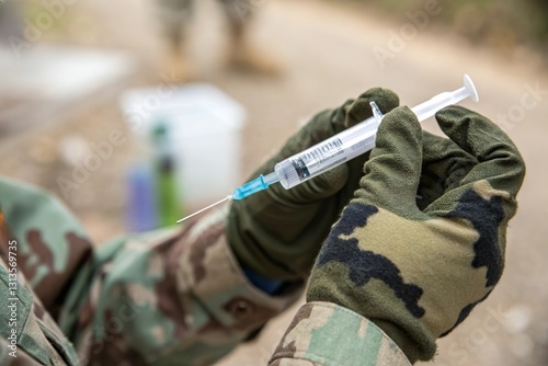 army doctor hold syringe. Military medicine operation
