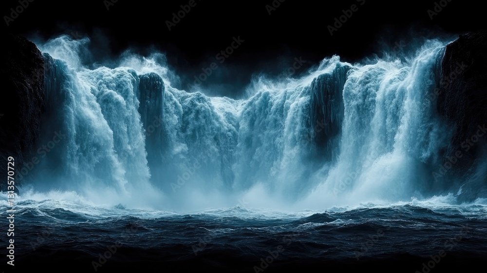Fototapeta premium Majestic waterfall cascading down rocky cliffs in a dramatic display of nature's power amidst swirling mist and turbulent waters
