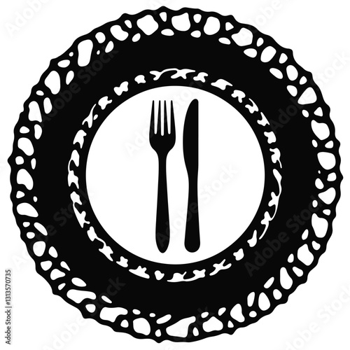 Stylish decorative plate silhouette on white background, dining elegance