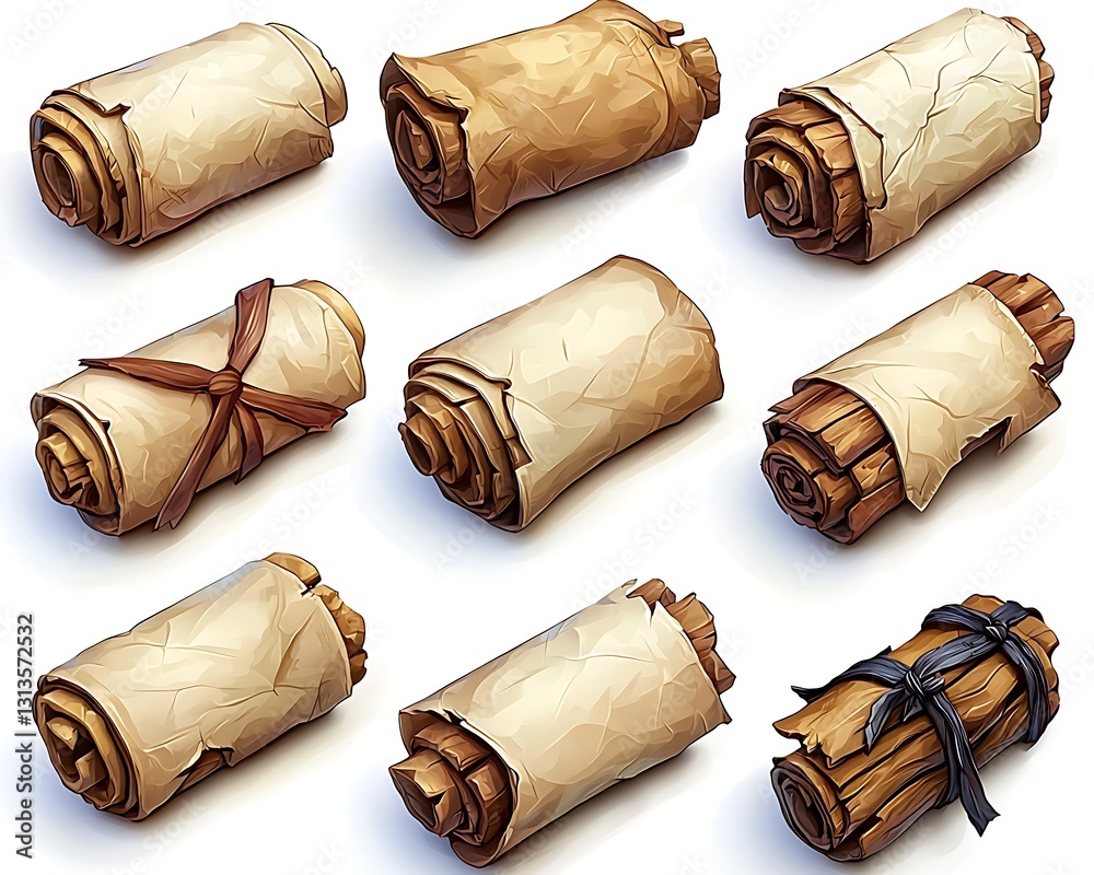 Rolled Parchment Papers, Isolated Background Rolled Parchment Papers, Isolated Background