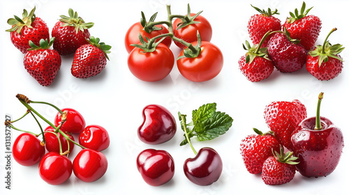 Collection of fresh red fruits and vegetables arranged on white background