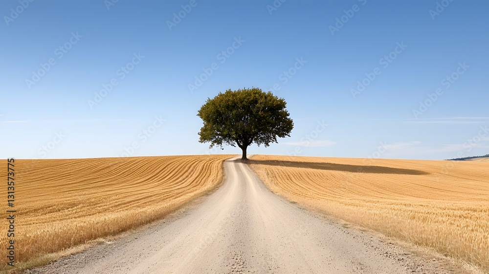 Obraz premium Solitary Tree on a Dirt Road in a Golden Wheat Field under a Clear Blue Sky