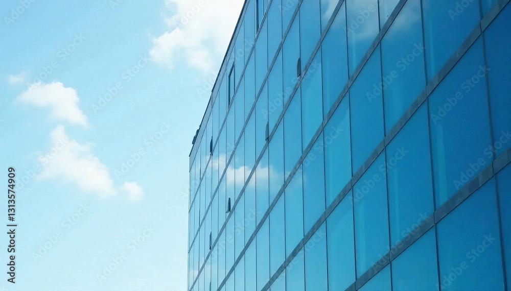 Modern geometric building facade with clean lines and blue sky reflection, background, facade, sky