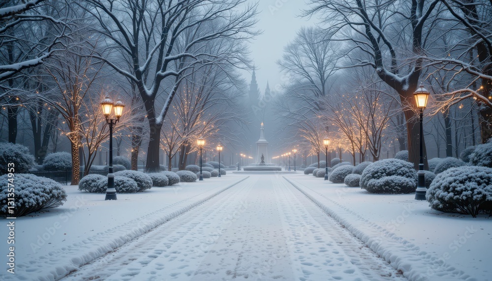 Tranquil Winter Wonderland in a Snow-Covered Park at Dusk Tranquil Winter Wonderland in a Snow-Covered Park at Dusk