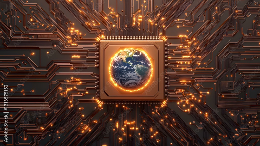 A glowing image of planet Earth embedded in the center of a technologically advanced, illuminated circuit board. A glowing image of planet Earth embedded in the center of a technologically advanced, illuminated circuit board.