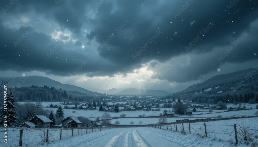 Tranquil Winter Landscape with Dark Clouds and Snowy Pathway Tranquil Winter Landscape with Dark Clouds and Snowy Pathway