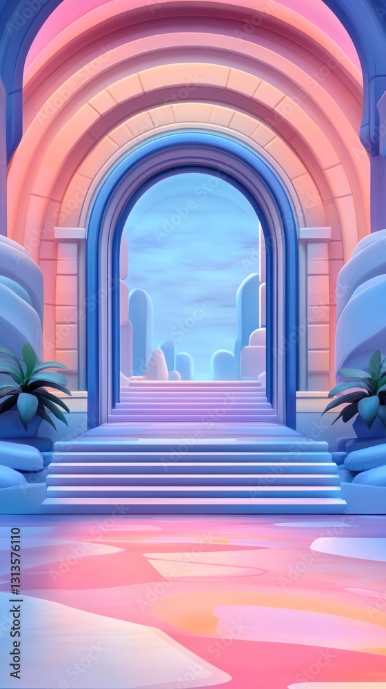 Fototapeta premium Arched doorway view of pastel steps leading towards distant towers and blue sky landscape at sunrise