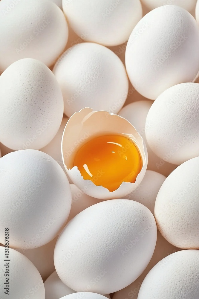 Precision Arrangement of White Eggs with One Broken to Show Yolk, Textured Detail on Flat Surface, Minimalist Background Precision Arrangement of White Eggs with One Broken to Show Yolk, Textured Detail on Flat Surface, Minimalist Background
