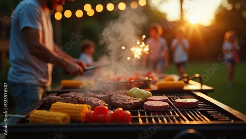 A backyard summer barbecue with a sizzling grill full of juicy steaks, corn on the cob, and skewers of colorful veggies. A father flips burgers while kids run around with sparklers. The warm glow of s