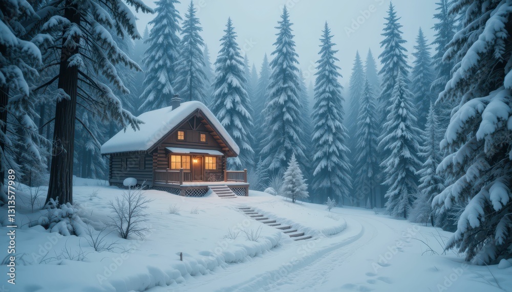 Cozy Log Cabin in Snowy Pine Forest during Winter Evening Cozy Log Cabin in Snowy Pine Forest during Winter Evening