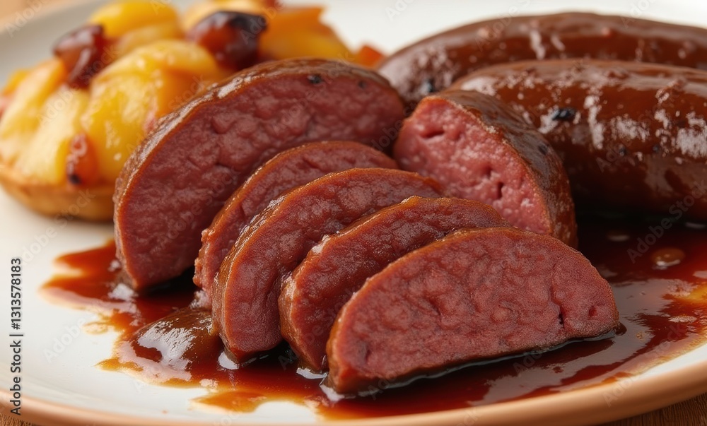 Juicy sliced sausage on plate Juicy sliced sausage on plate
