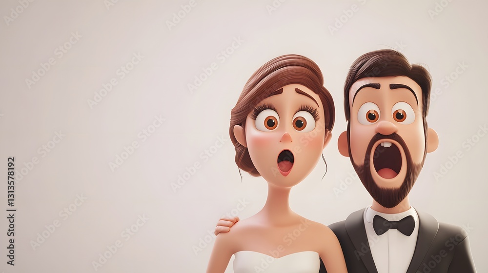 Fototapeta premium Scared amazed cartoon character married couple in 3D style on a light background. Human people emotions concept