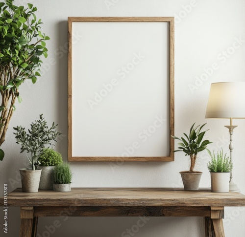Empty Frame on Wooden Table with Plants