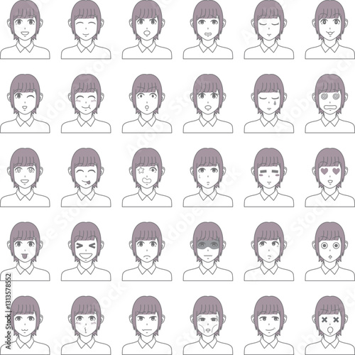 様々な表情の女性 セット 30パターン ショートヘア