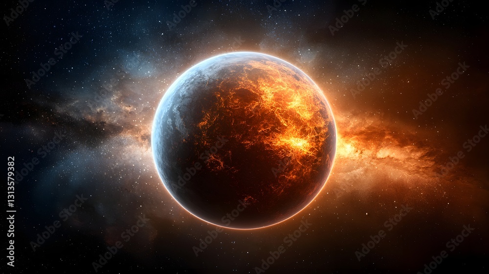 Fototapeta premium Fiery Planet in Cosmic Nebula Orange and Blue Hues Dominate