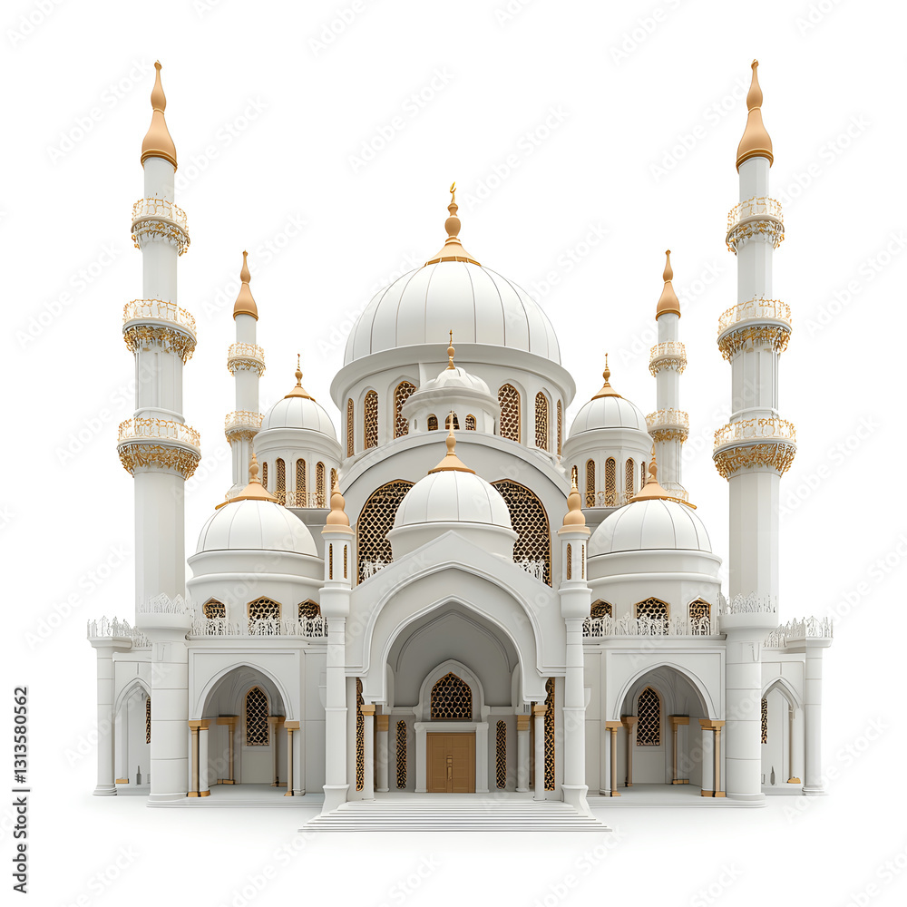 Fototapeta premium White Mosque 3D Model Golden Accents, Domes, and Minarets