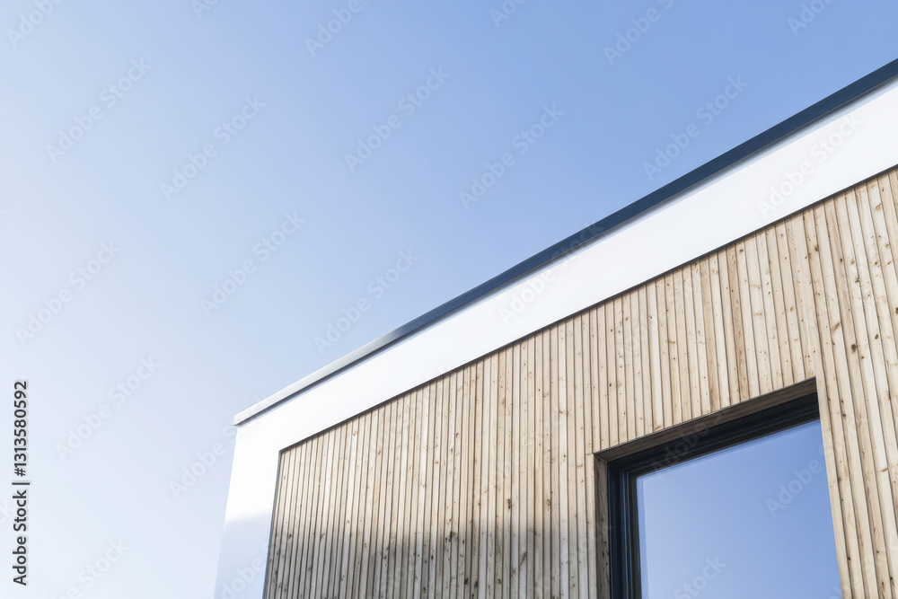 Modern wooden building showcasing eco-friendly architecture against a clear blue sky Modern wooden building showcasing eco-friendly architecture against a clear blue sky