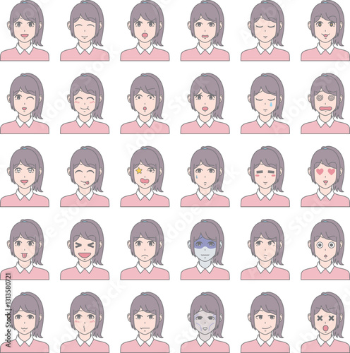 様々な表情の女性 セット 30パターン ポニーテール