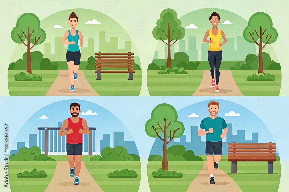 Four diverse people jogging in a park. Four diverse people jogging in a park.