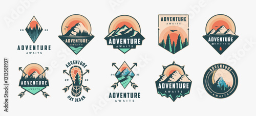 Set of retro badge seal mountain adventure outdoor logo vector design on white background