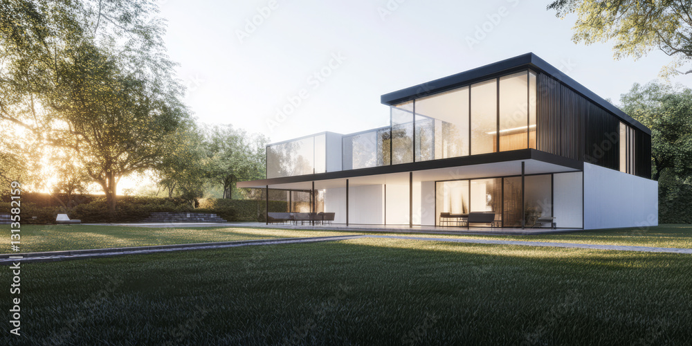 Obraz premium Modern architectural design showcases elegance and simplicity during golden hour