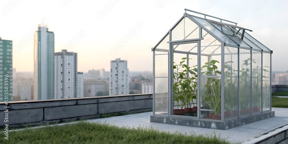 Modern glass greenhouse with seedlings on rooftop, 3D render with copy space, reflecting eco-technology and urban farming. Perfect for sustainability campaigns Modern glass greenhouse with seedlings on rooftop, 3D render with copy space, reflecting eco-technology and urban farming. Perfect for sustainability campaigns