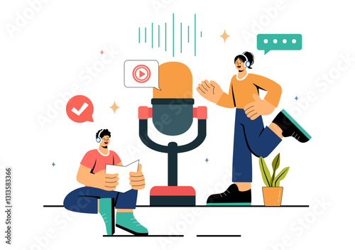 Voice Acting Vector Illustration featuring a Movie Production Cast Member Performing Voice Acting for a Film Scene, Dubbing a Film, or a TV Series