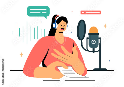 Voice Acting Vector Illustration featuring a Movie Production Cast Member Performing Voice Acting for a Film Scene, Dubbing a Film, or a TV Series